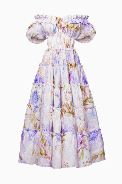 Pauline Laurent® | robe maxi à volants imprimés couleur bruyère