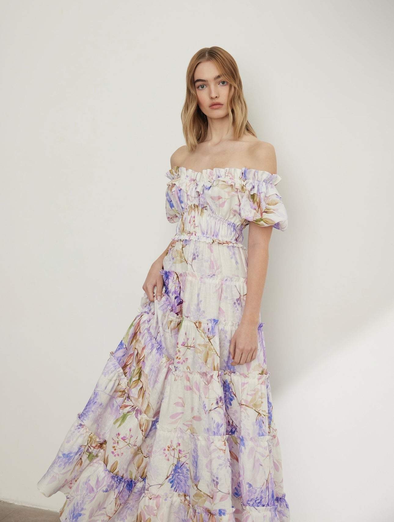 Pauline Laurent® | robe maxi à volants imprimés couleur bruyère