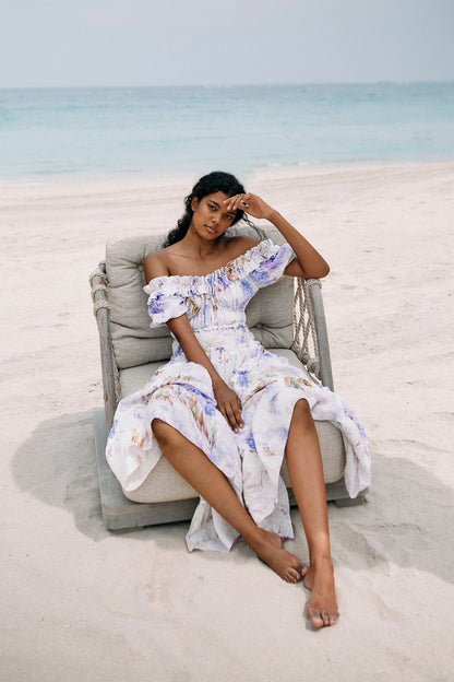 Pauline Laurent® | robe maxi à volants imprimés couleur bruyère