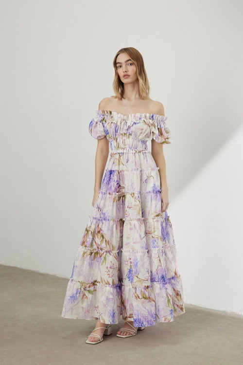 Pauline Laurent® | robe maxi à volants imprimés couleur bruyère