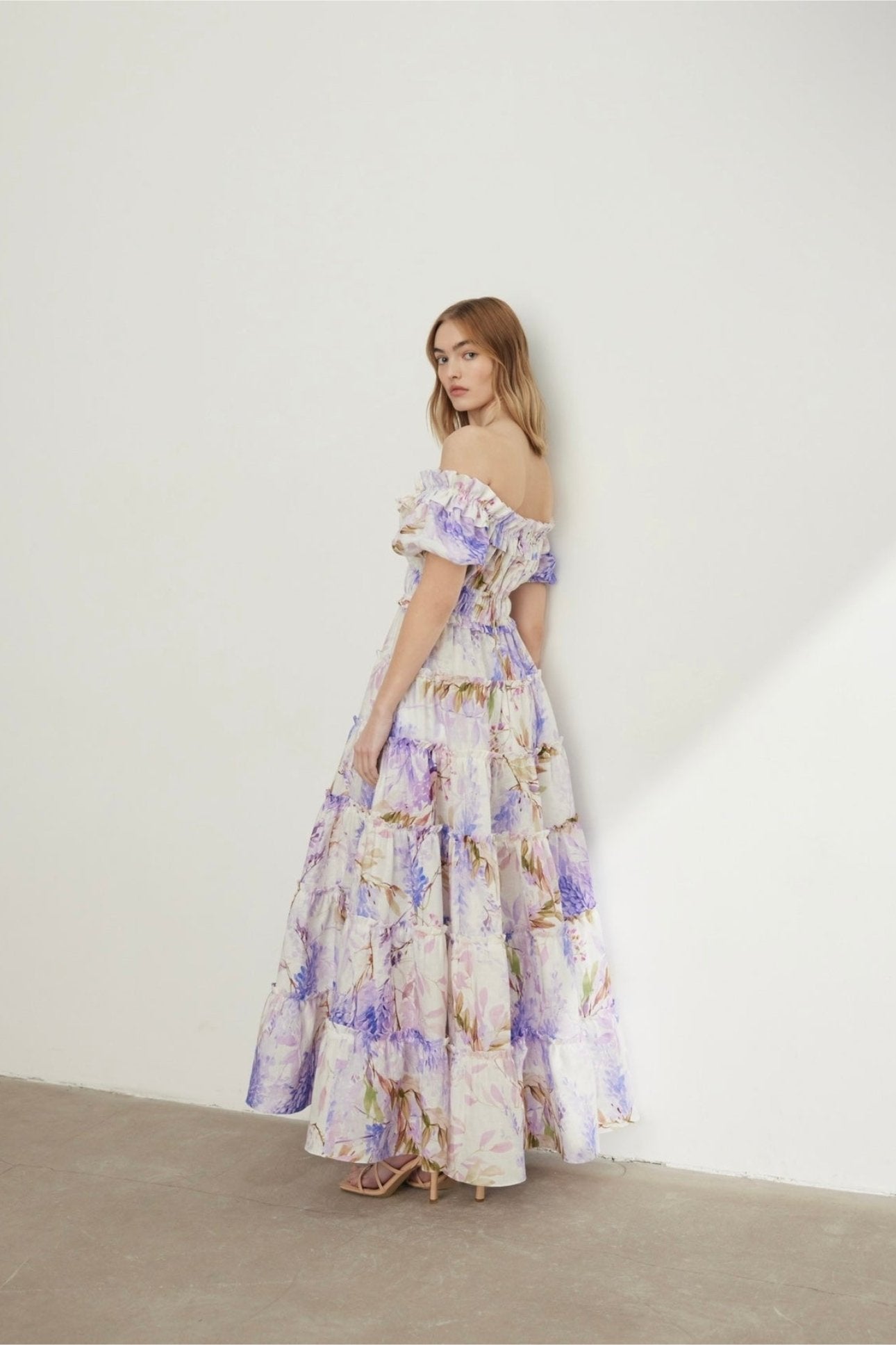 Pauline Laurent® | robe maxi à volants imprimés couleur bruyère