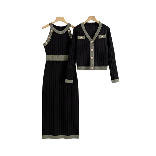 Ensemble Robe Tricote Maxi Sans Manches Et Cardigan Femme Chic