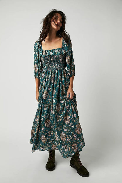 Pauline Laurent® | Robe midi imprimée avec haut froncé et volants