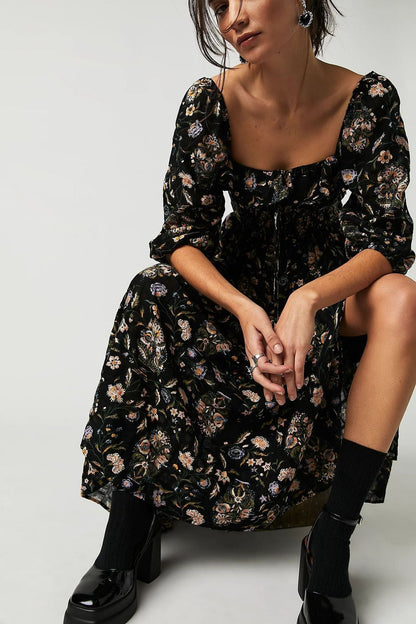 Pauline Laurent® | Robe midi imprimée avec haut froncé et volants