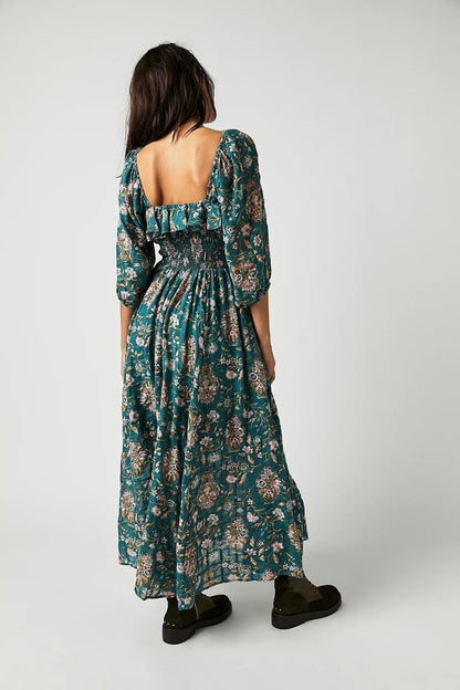 Pauline Laurent® | Robe midi imprimée avec haut froncé et volants