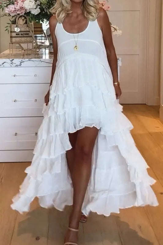 Belle robe pour femme, courte à l'avant et longue à l'arrière avec volants