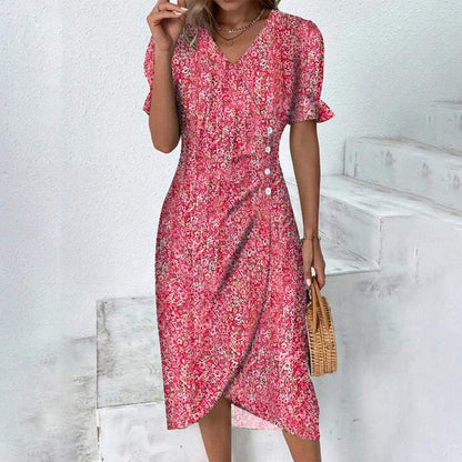 Pauline Laurent® | Robe midi manches courtes imprimée de fleurs vertes et boutonnée