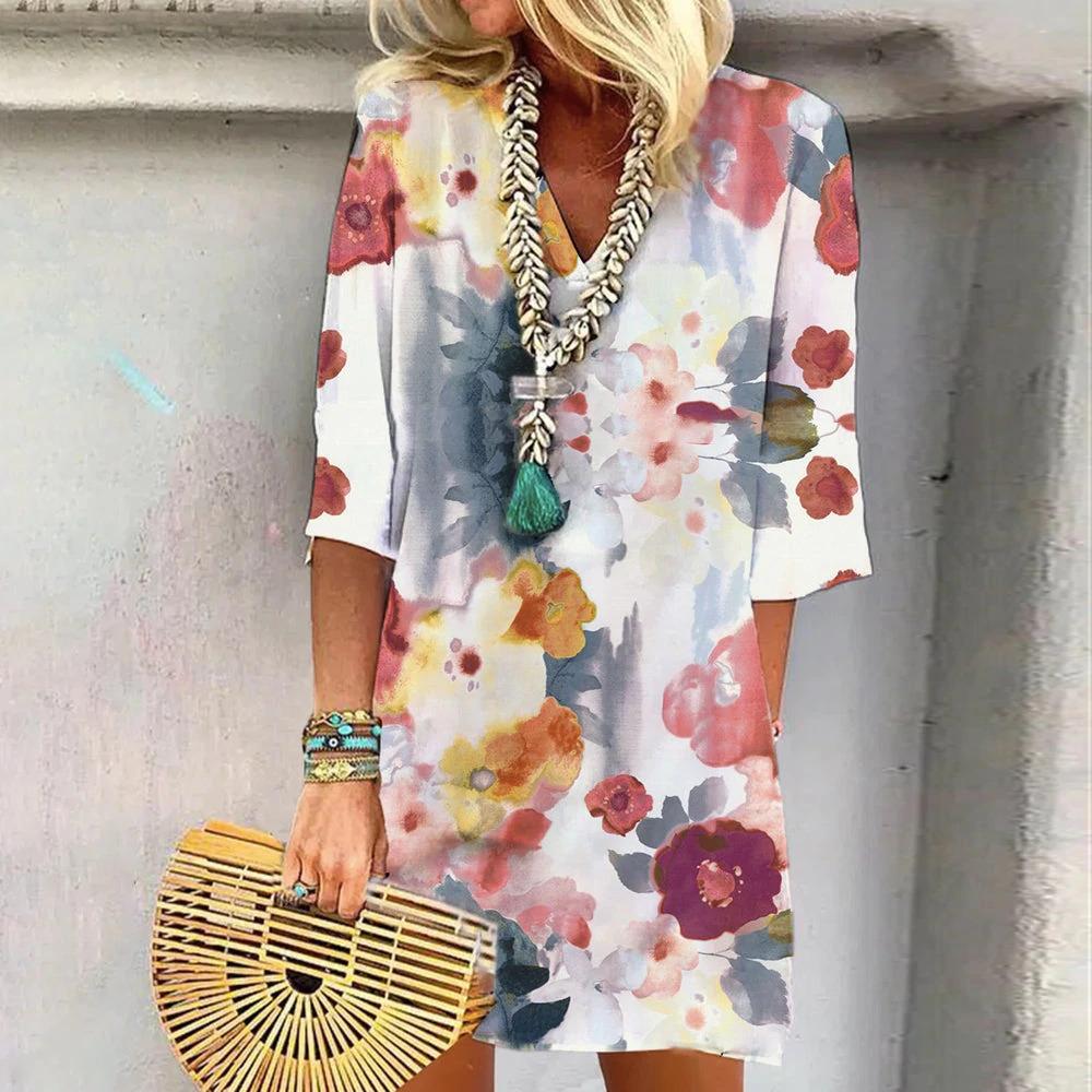Pauline Laurent® | Robe aquarelle avec petit imprimé floral au milieu des manches