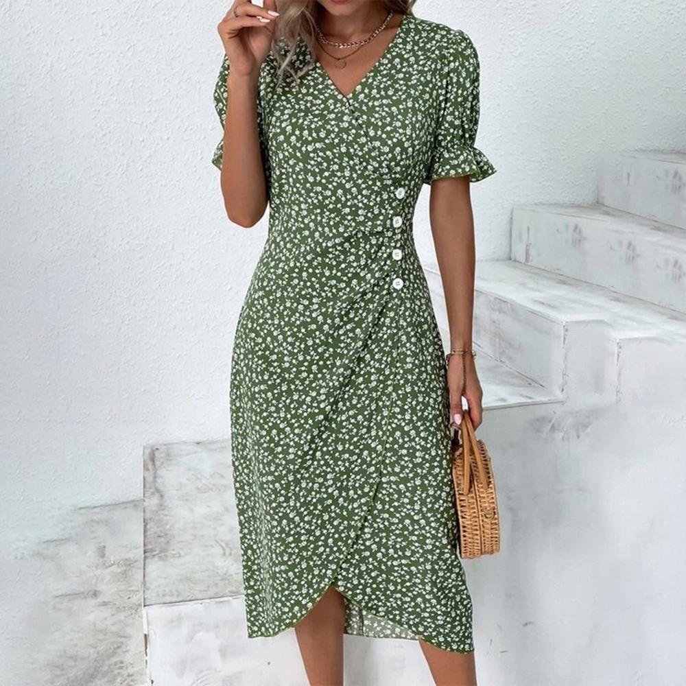 Pauline Laurent® | Robe midi manches courtes imprimée de fleurs vertes et boutonnée
