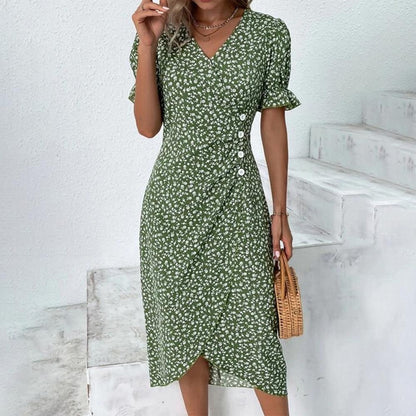Pauline Laurent® | Robe midi manches courtes imprimée de fleurs vertes et boutonnée
