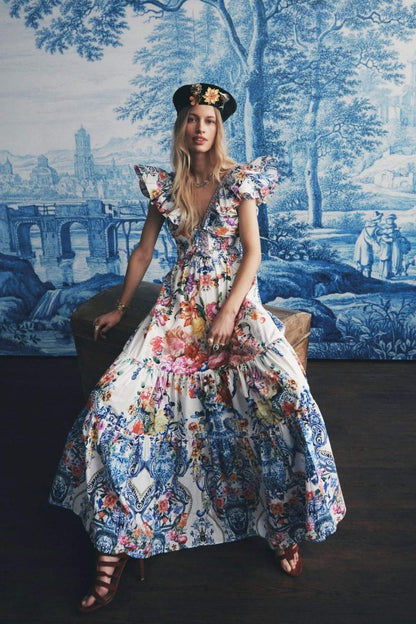Pauline Laurent® | Robe longue à imprimé floral et volants