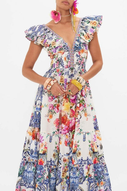 Pauline Laurent® | Robe longue à imprimé floral et volants