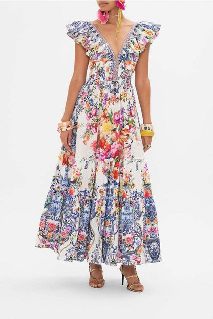 Pauline Laurent® | Robe longue à imprimé floral et volants