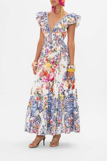 Pauline Laurent® | Robe longue à imprimé floral et volants