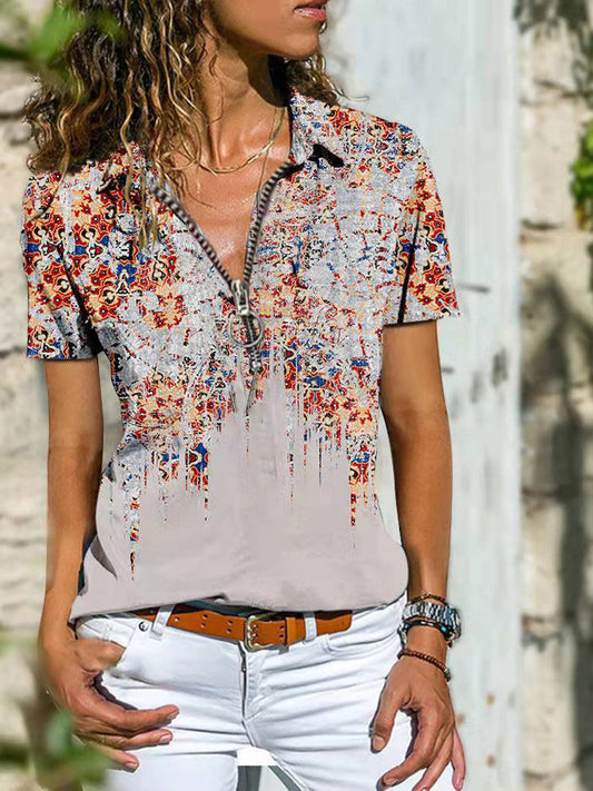 Bohemian West Ethnic Zip Top t-shirt à manches courtes