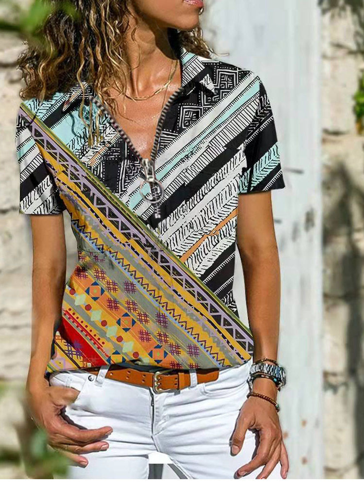 Bohemian West Ethnic Zip Top t-shirt à manches courtes