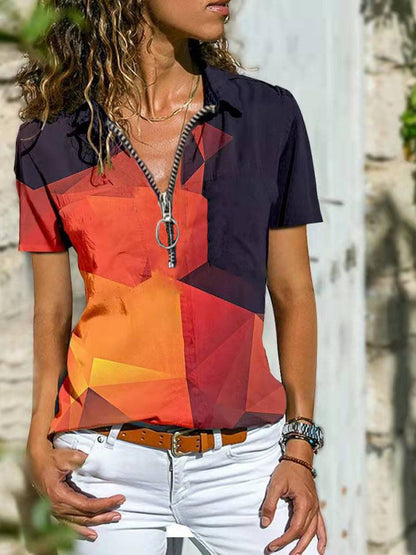 Bohemian West Ethnic Zip Top t-shirt à manches courtes