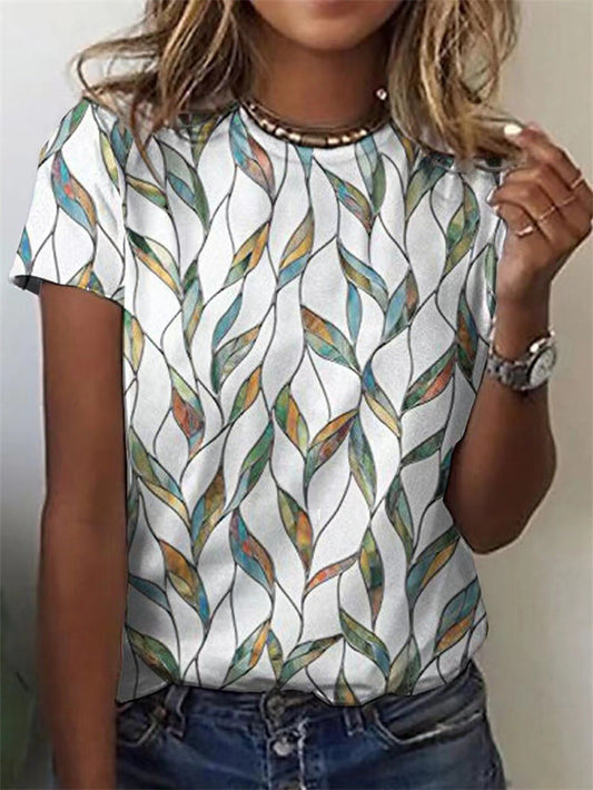 t-shirt à manches courtes droites avec imprimé feuilles et encolure ronde oversize