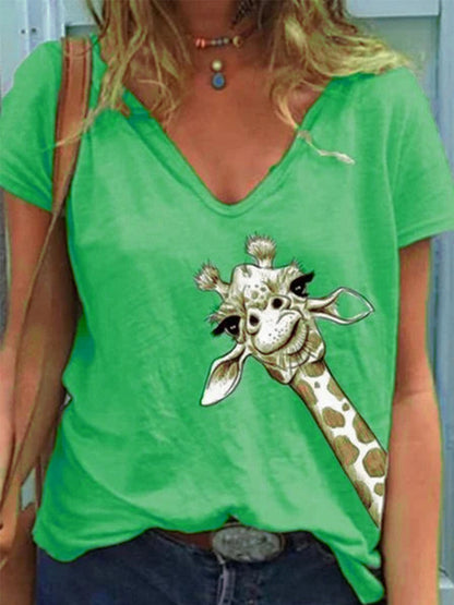 T-shirt à manches courtes et encolure en V avec imprimé animalier