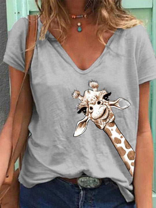 T-shirt à manches courtes et encolure en V avec imprimé animalier