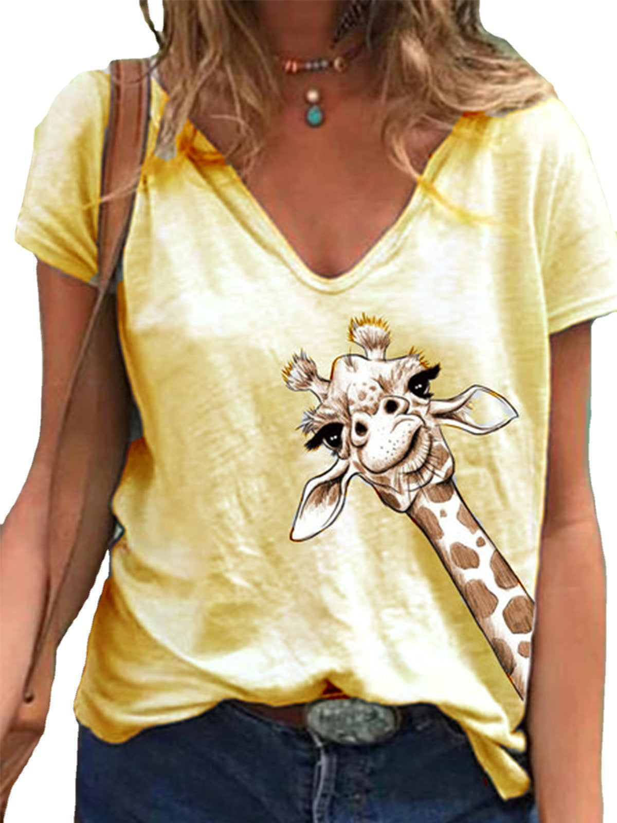 T-shirt à manches courtes et encolure en V avec imprimé animalier