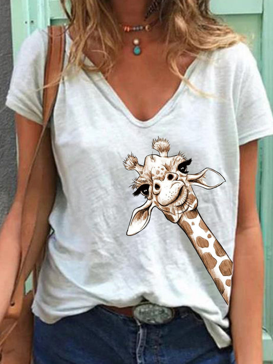 T-shirt à manches courtes et encolure en V avec imprimé animalier