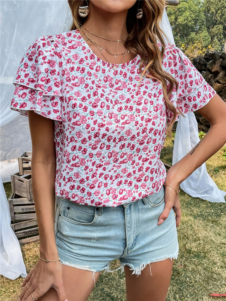 Pull à col rond et imprimé chemise en mousseline Top femme à manches volantes