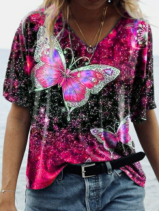 T-shirt avec imprimé papillons et manches mi-longues