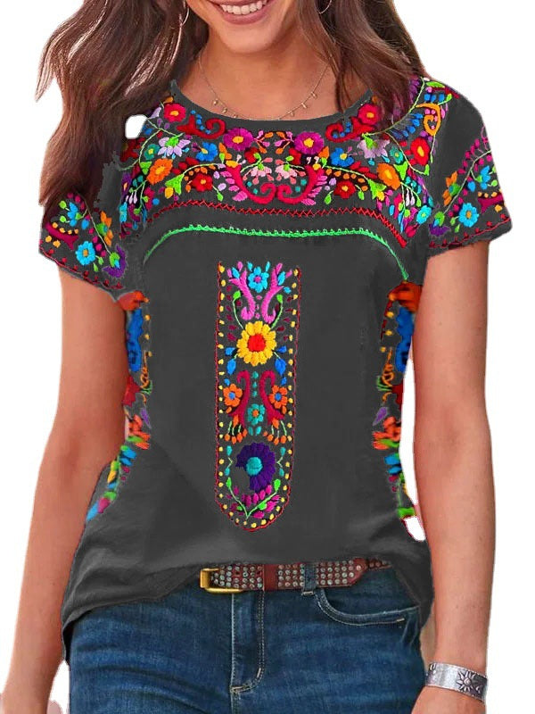T-shirt à manches courtes et encolure ronde avec imprimé bohème