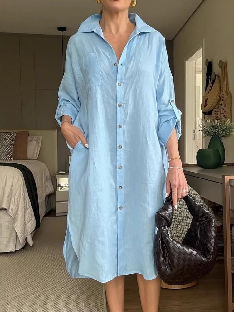 Robe décontractée en lin coton avec volants et encolure carrée