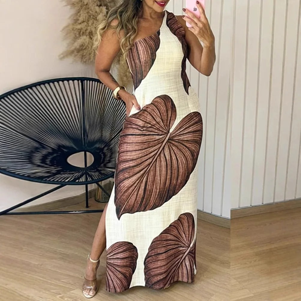 Robe longue élégante à une épaule avec imprimé palmier