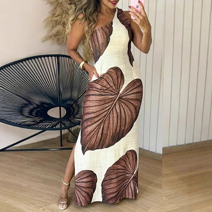Robe longue élégante à une épaule avec imprimé palmier
