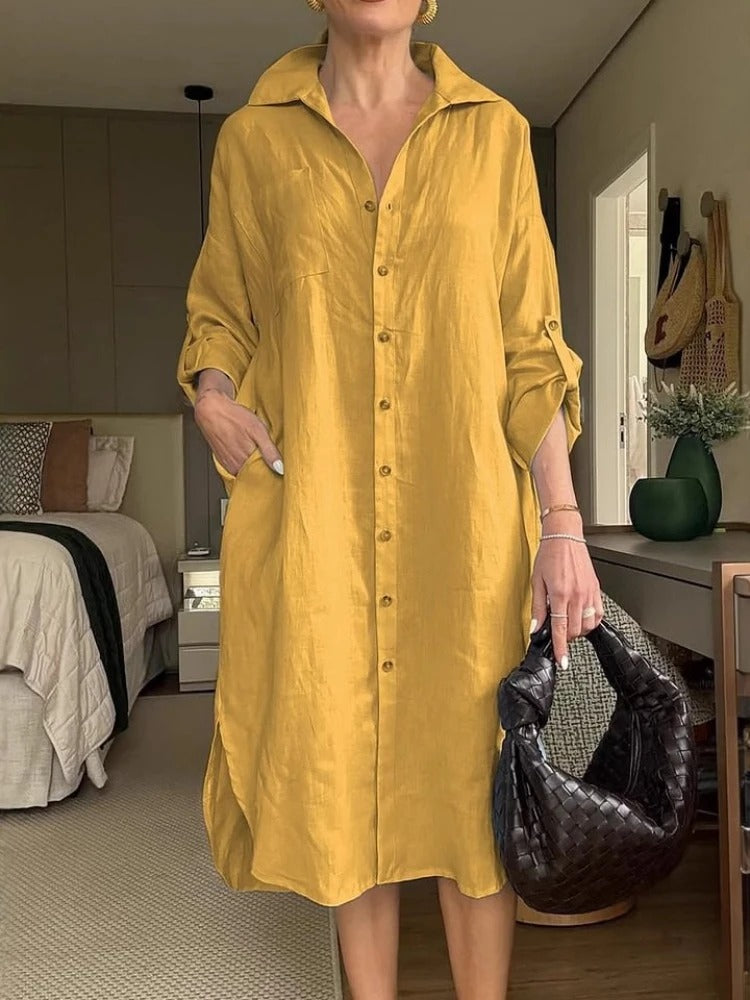 Robe décontractée en lin coton avec volants et encolure carrée