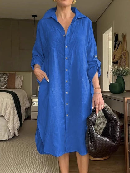 Robe décontractée en lin coton avec volants et encolure carrée