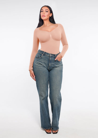 Marcella -  Naadloze Lange Mouw Body met String, Borstondersteuning & Buikcontrole