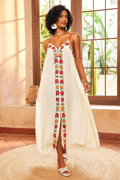 Pauline Laurent® | Robe longue à décolleté en V et broderie florale