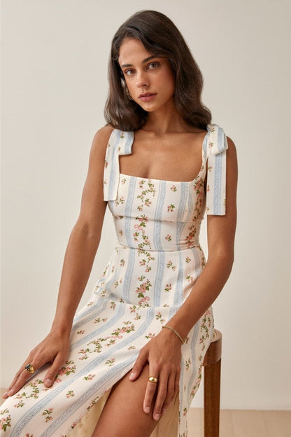 Pauline Laurent® | Robe midi imprimée avec bretelle à nœuds et fente