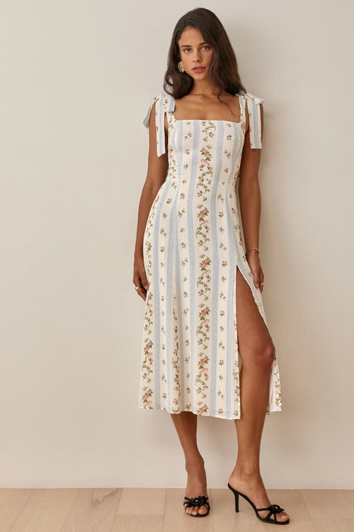 Pauline Laurent® | Robe midi imprimée avec bretelle à nœuds et fente
