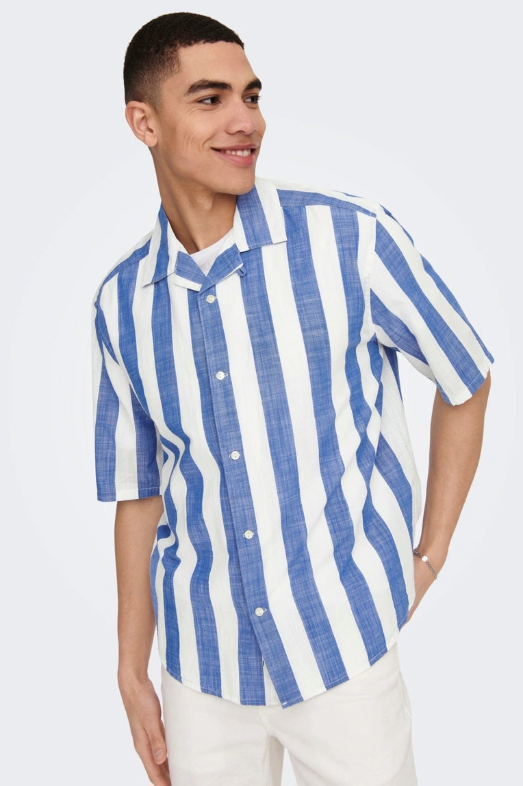 Chemise ONSTES RLX CTN SLUB STRIPE SS SHIRT Bleue