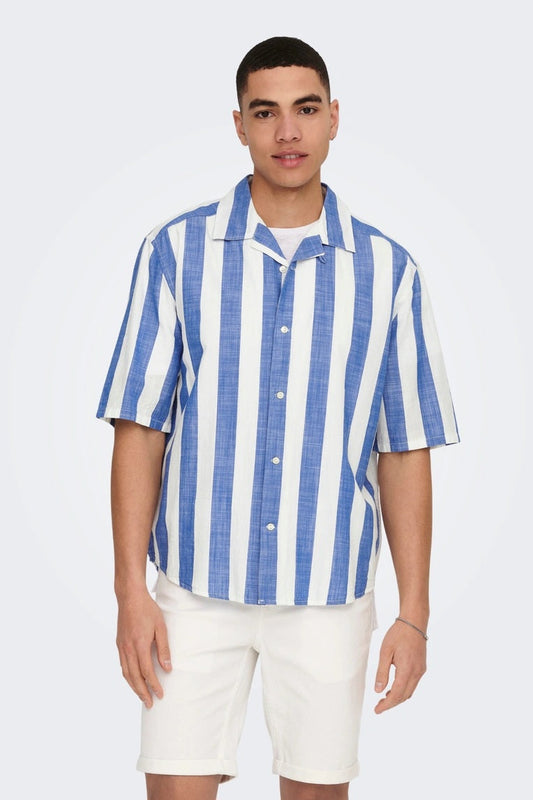 Chemise ONSTES RLX CTN SLUB STRIPE SS SHIRT Bleue