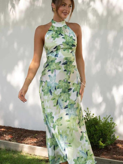 Pauline Laurent® | Robe midi imprimée en satin dos-nu