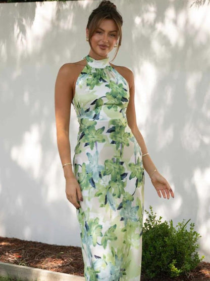 Pauline Laurent® | Robe midi imprimée en satin dos-nu