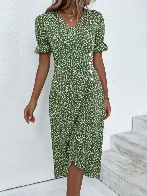 Pauline Laurent® | Robe midi manches courtes imprimée de fleurs vertes et boutonnée