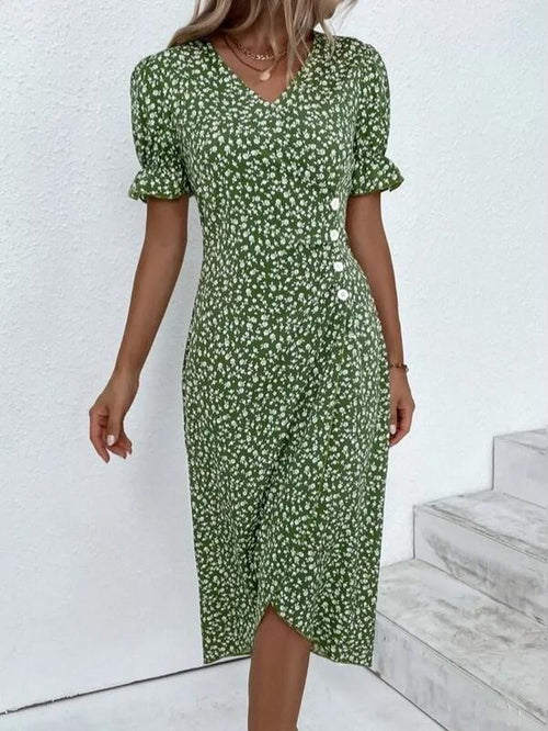 Pauline Laurent® | Robe midi manches courtes imprimée de fleurs vertes et boutonnée