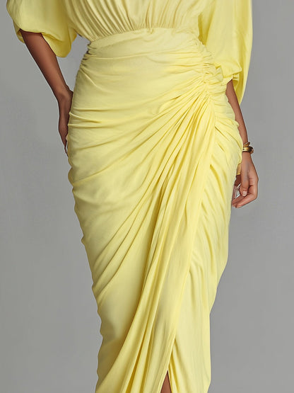 Robe longue drapée jaune vif confortable