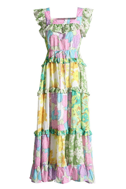 Pauline Laurent® | Robe midi imprimée avec volants et ceinture