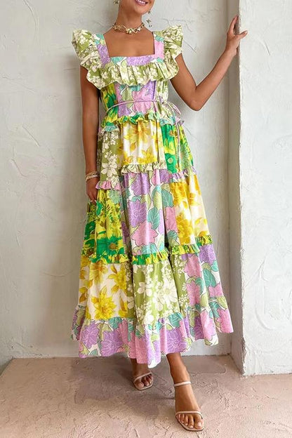 Pauline Laurent® | Robe midi imprimée avec volants et ceinture