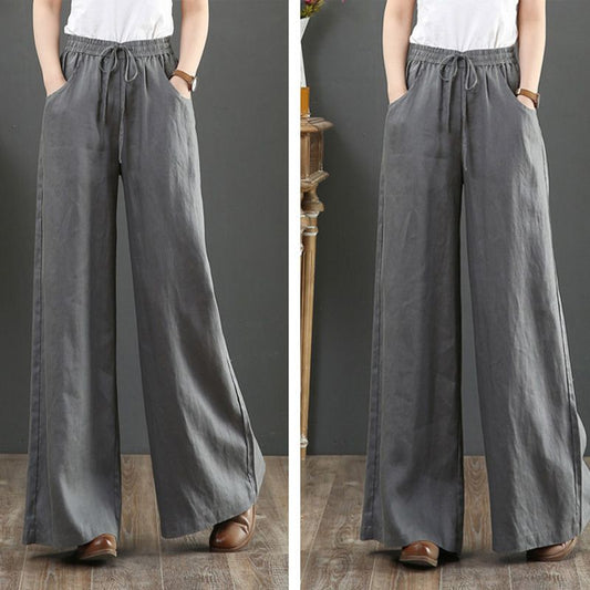Suzan™ I Pantalon taille haute simple en coton et lin pour femmes, jambes larges