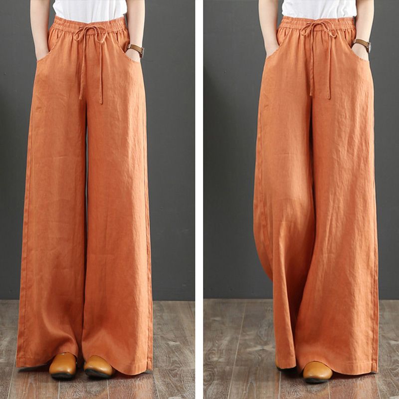 Suzan™ I Pantalon taille haute simple en coton et lin pour femmes, jambes larges