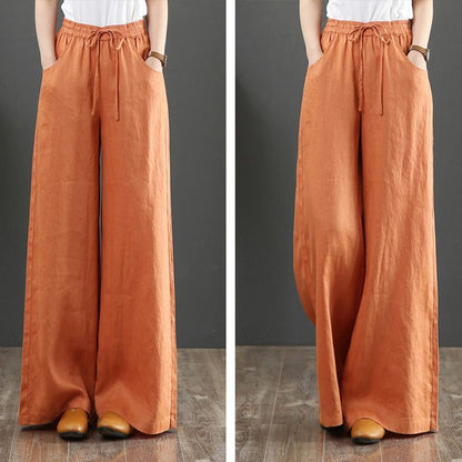 Suzan™ I Pantalon taille haute simple en coton et lin pour femmes, jambes larges